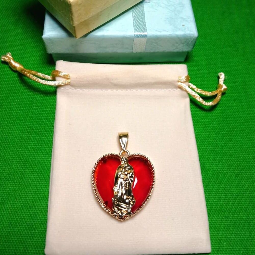 18K Gold Filled Virgin Mary Heart Pendant Red Crystal Guadalupe Religious Charm